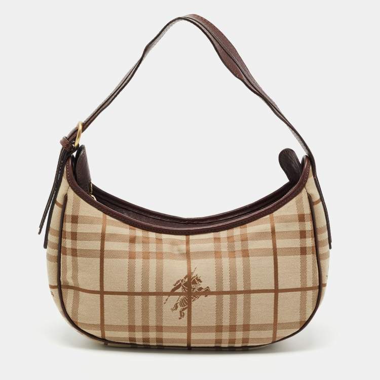 Pre Owned Burberry Burgundy/Beige Haymarket Check Fabric Hobo