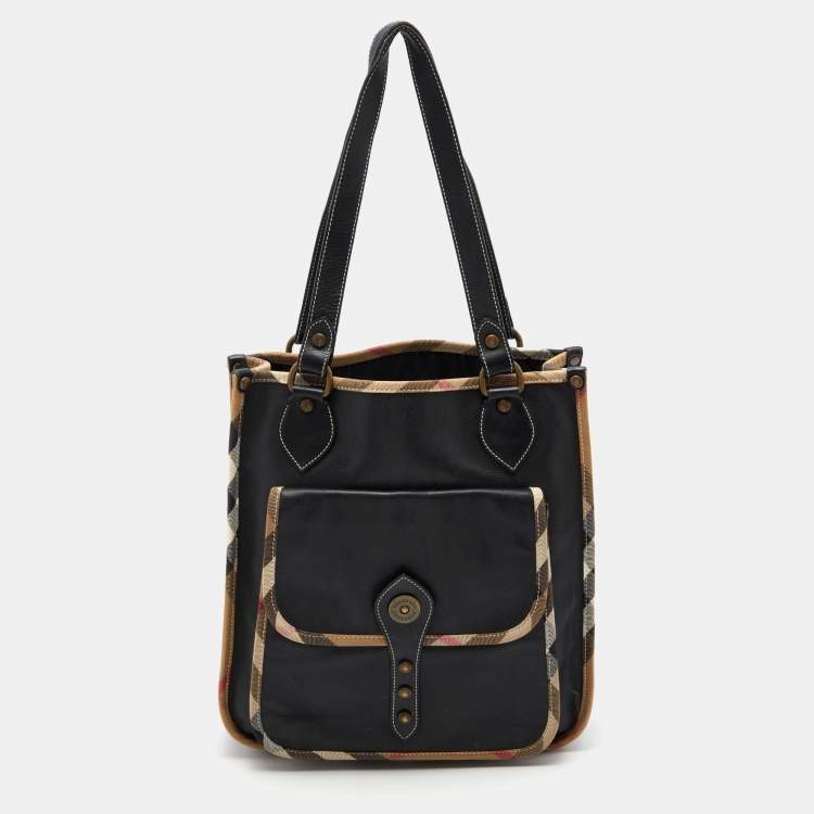 Pre Owned Burberry Black Leather and Canvas Vintage Shoulder Bag