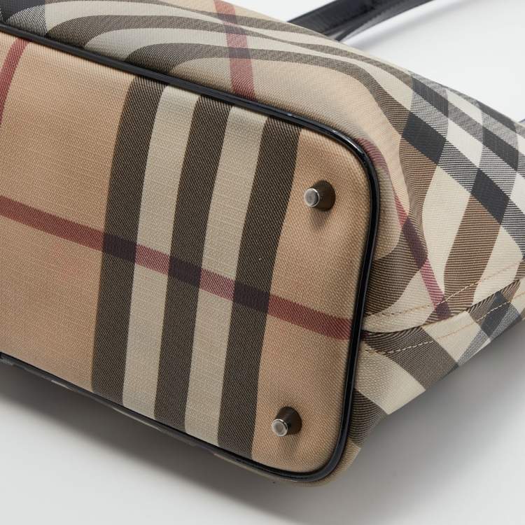 Pre Owned Burberry Beige/Black Nova Check Coated Canvas and Patent Leather Nickie Tote