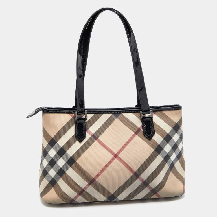 Pre Owned Burberry Beige/Black Nova Check Coated Canvas and Patent Leather Nickie Tote