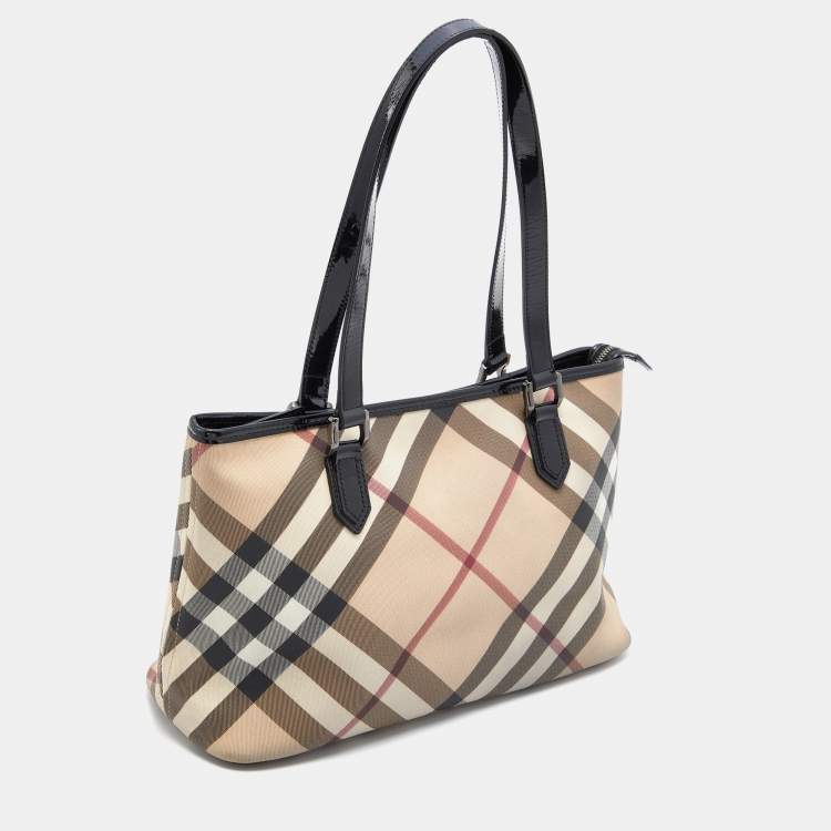 Pre Owned Burberry Beige/Black Nova Check Coated Canvas and Patent Leather Nickie Tote