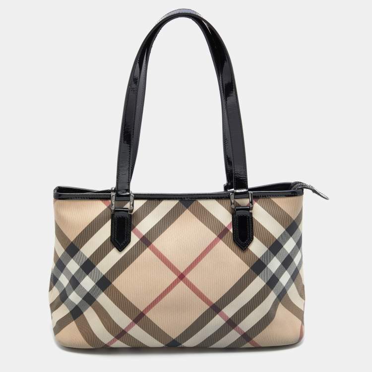 Pre Owned Burberry Beige/Black Nova Check Coated Canvas and Patent Leather Nickie Tote