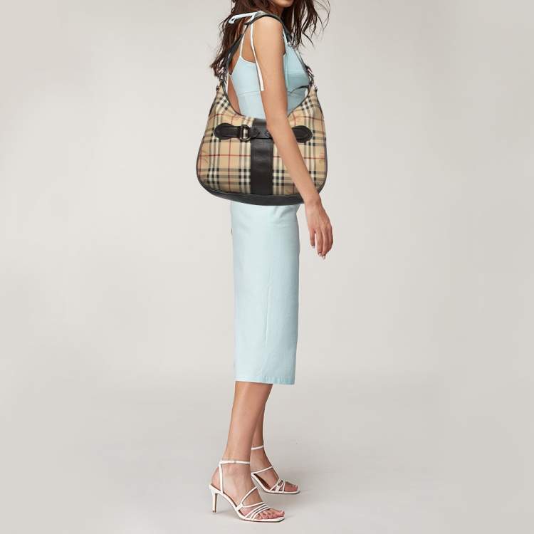Pre Owned Burberry Dark Brown/Beige Haymarket Check Coated Canvas and Leather Hobo