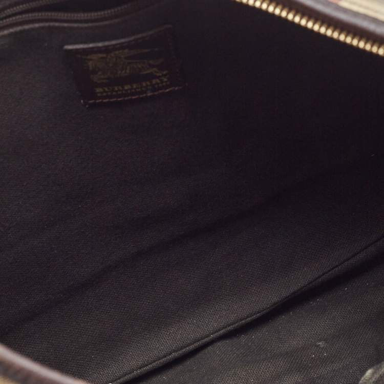 Pre Owned Burberry Dark Brown/Beige Haymarket Check Coated Canvas and Leather Hobo