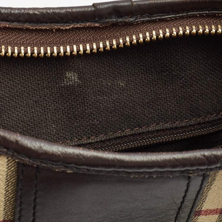 Pre Owned Burberry Dark Brown/Beige Haymarket Check Coated Canvas and Leather Hobo