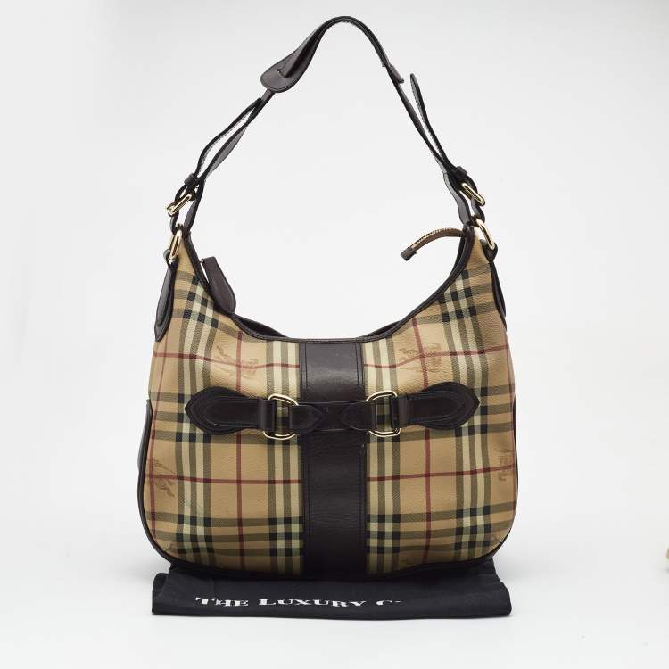 Pre Owned Burberry Dark Brown/Beige Haymarket Check Coated Canvas and Leather Hobo