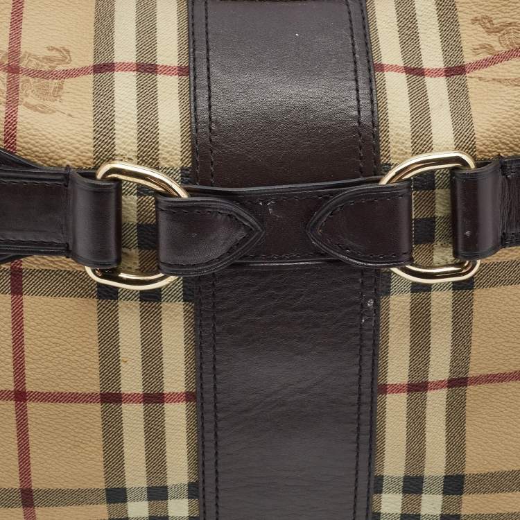 Pre Owned Burberry Dark Brown/Beige Haymarket Check Coated Canvas and Leather Hobo