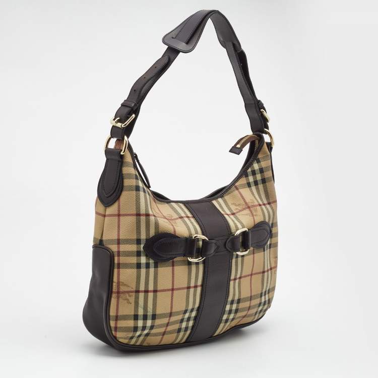 Pre Owned Burberry Dark Brown/Beige Haymarket Check Coated Canvas and Leather Hobo