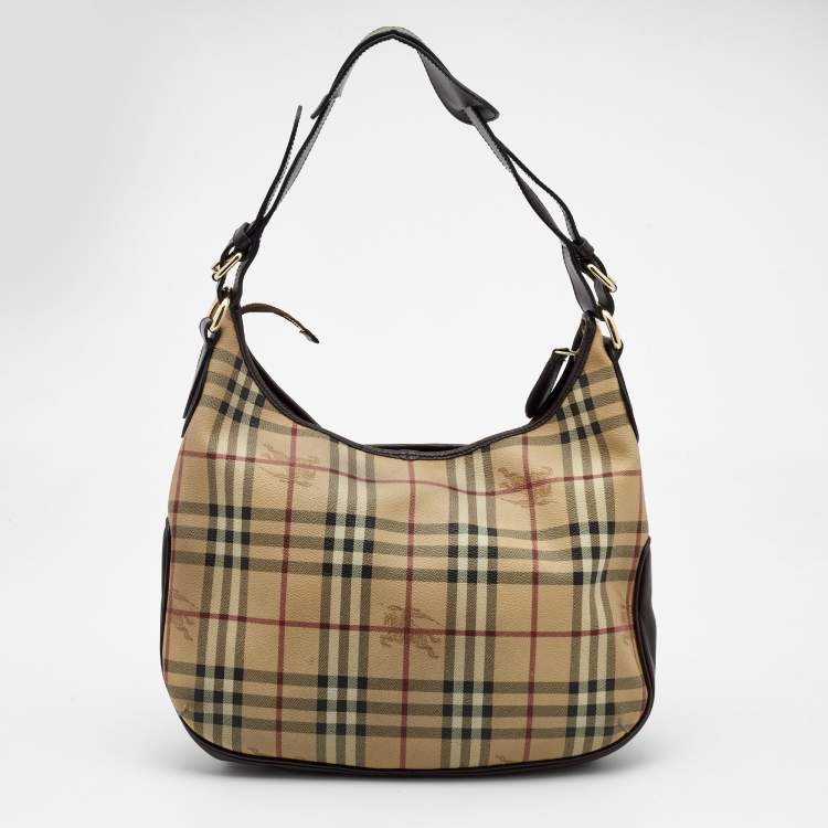 Pre Owned Burberry Dark Brown/Beige Haymarket Check Coated Canvas and Leather Hobo