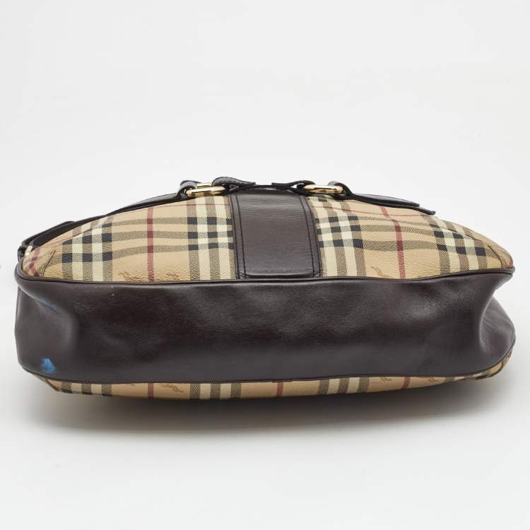 Pre Owned Burberry Dark Brown/Beige Haymarket Check Coated Canvas and Leather Hobo