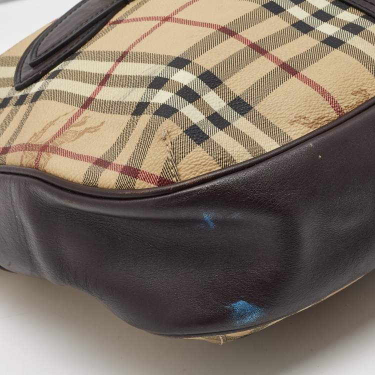 Pre Owned Burberry Dark Brown/Beige Haymarket Check Coated Canvas and Leather Hobo