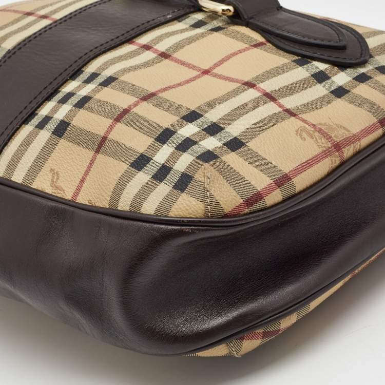 Pre Owned Burberry Dark Brown/Beige Haymarket Check Coated Canvas and Leather Hobo