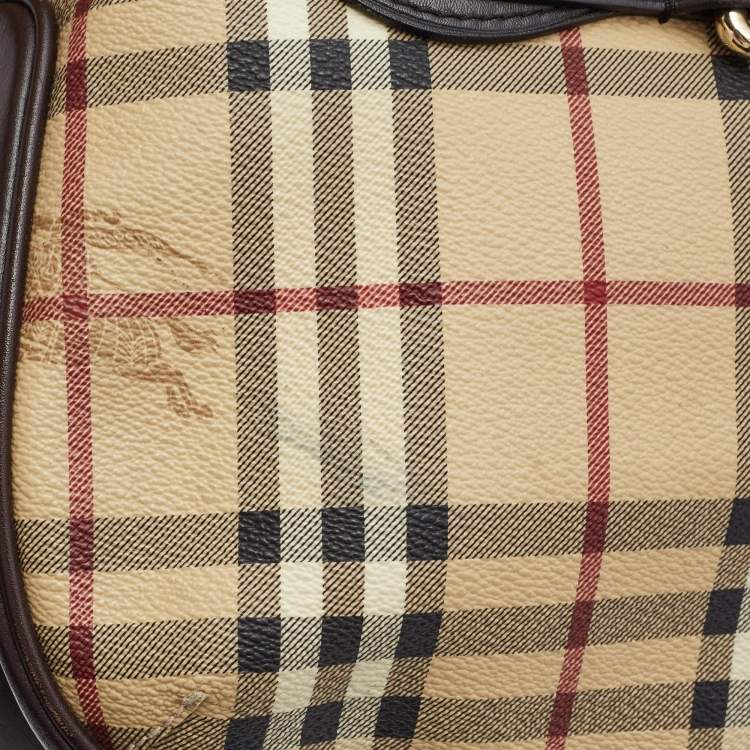 Pre Owned Burberry Dark Brown/Beige Haymarket Check Coated Canvas and Leather Hobo