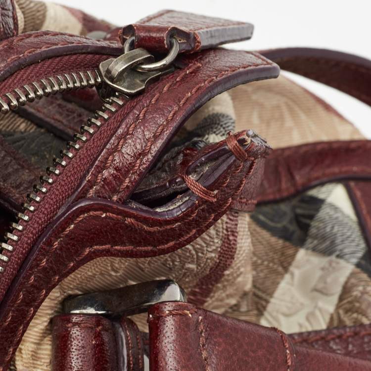 Pre Owned Burberry Dark Red/Beige Nova Check Floral Embossed PVC and Leather Satchel