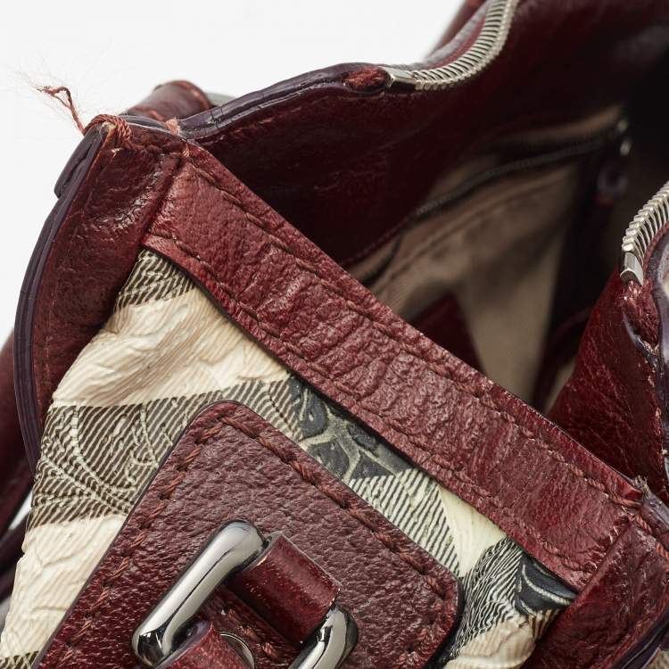 Pre Owned Burberry Dark Red/Beige Nova Check Floral Embossed PVC and Leather Satchel