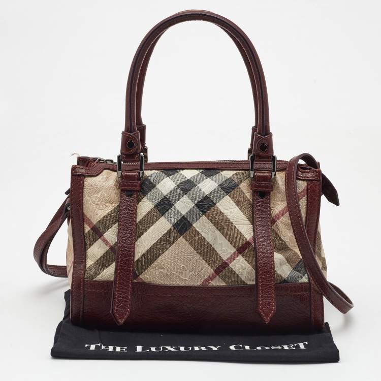 Pre Owned Burberry Dark Red/Beige Nova Check Floral Embossed PVC and Leather Satchel