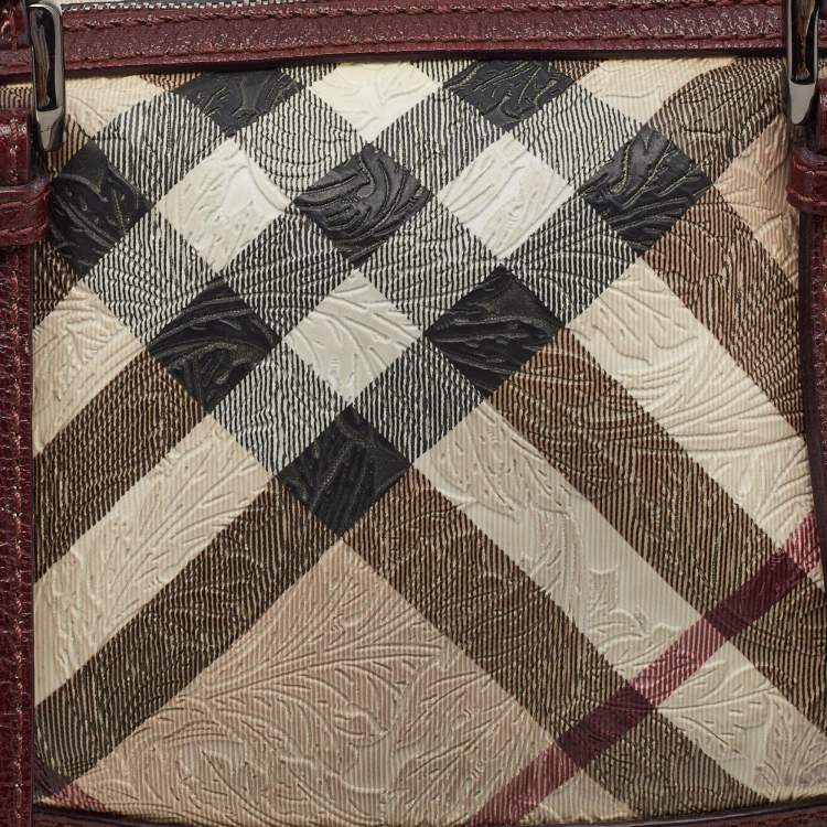 Pre Owned Burberry Dark Red/Beige Nova Check Floral Embossed PVC and Leather Satchel