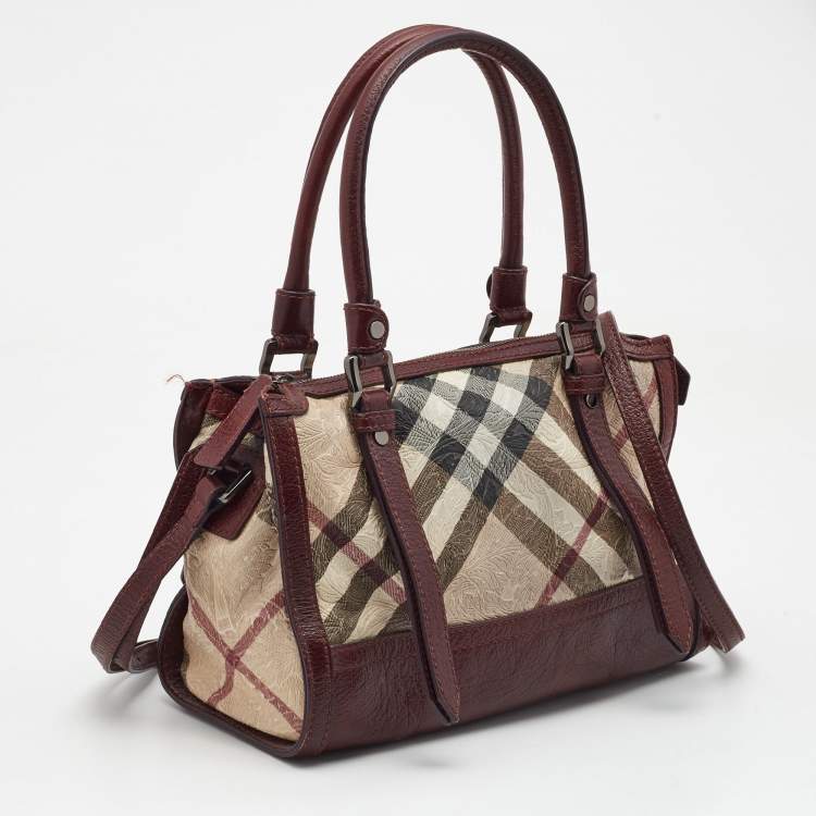 Pre Owned Burberry Dark Red/Beige Nova Check Floral Embossed PVC and Leather Satchel