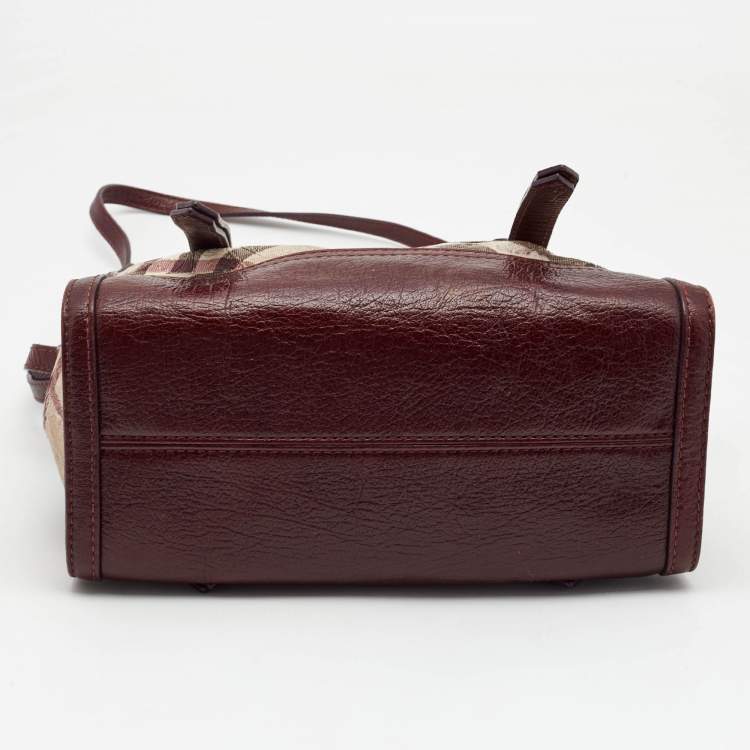 Pre Owned Burberry Dark Red/Beige Nova Check Floral Embossed PVC and Leather Satchel