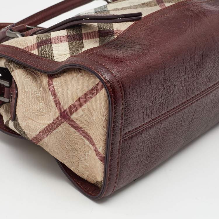 Pre Owned Burberry Dark Red/Beige Nova Check Floral Embossed PVC and Leather Satchel