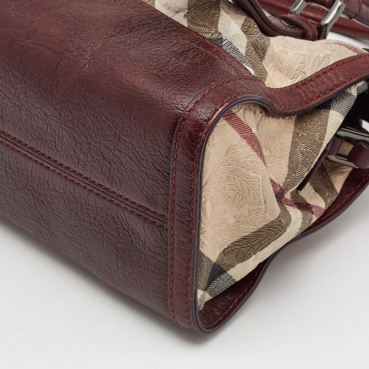 Pre Owned Burberry Dark Red/Beige Nova Check Floral Embossed PVC and Leather Satchel