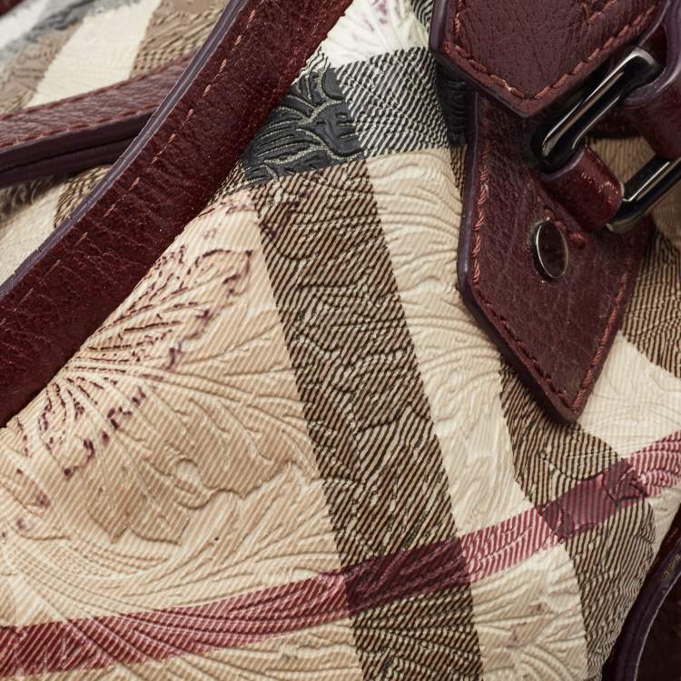 Pre Owned Burberry Dark Red/Beige Nova Check Floral Embossed PVC and Leather Satchel
