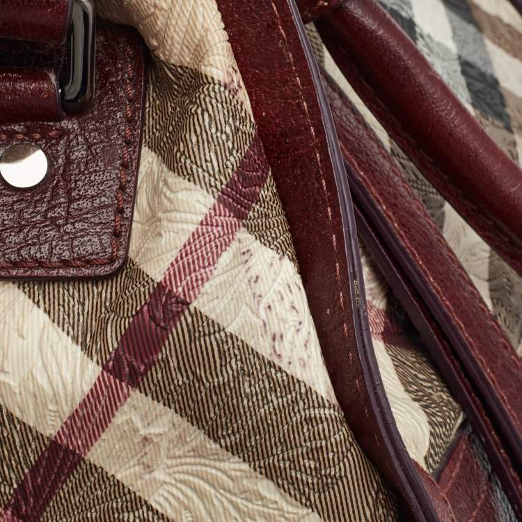 Pre Owned Burberry Dark Red/Beige Nova Check Floral Embossed PVC and Leather Satchel