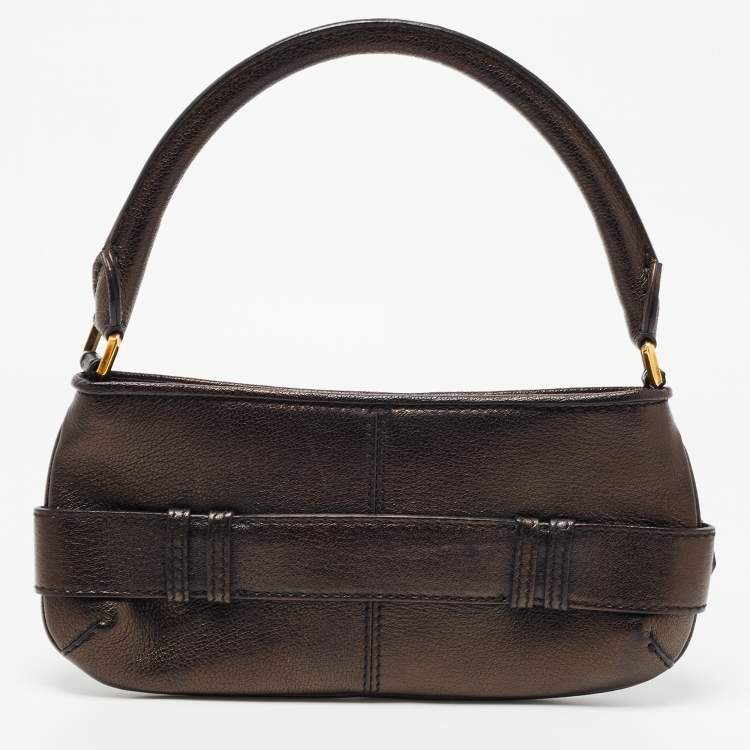 Pre Owned Burberry Metallic Brown Leather Buckle Baguette Bag