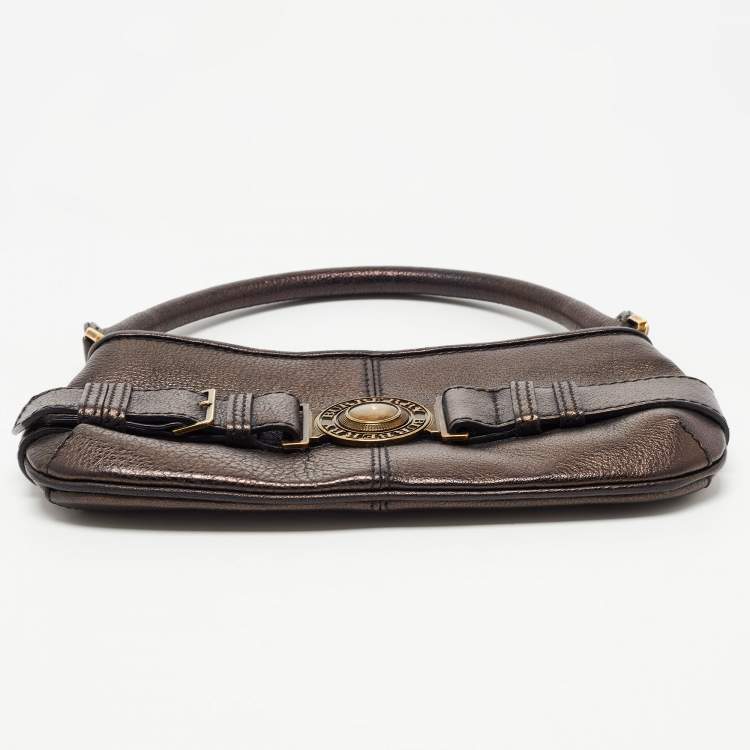 Pre Owned Burberry Metallic Brown Leather Buckle Baguette Bag