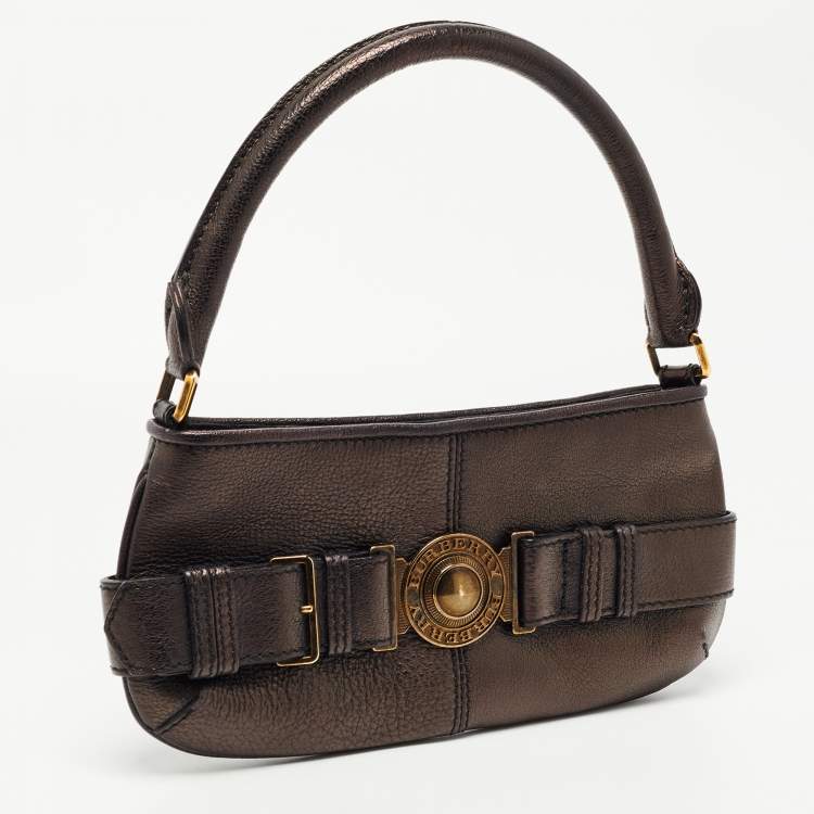 Pre Owned Burberry Metallic Brown Leather Buckle Baguette Bag
