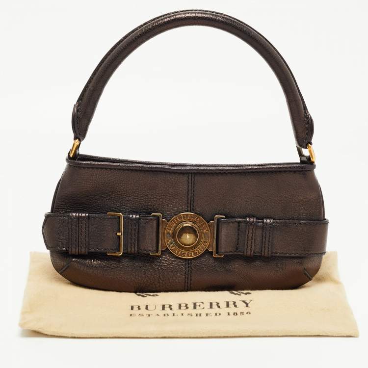 Pre Owned Burberry Metallic Brown Leather Buckle Baguette Bag