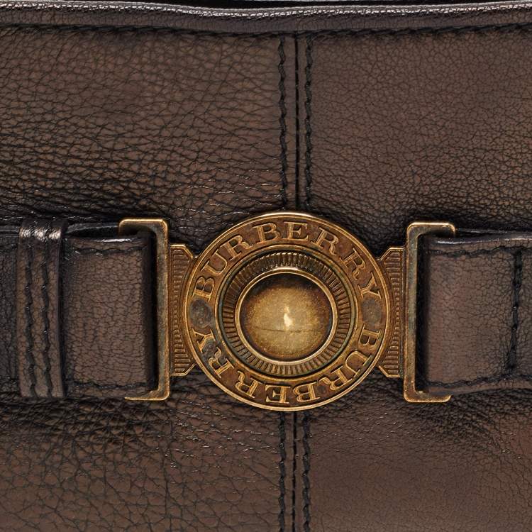 Pre Owned Burberry Metallic Brown Leather Buckle Baguette Bag