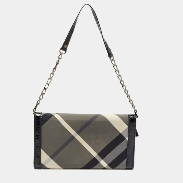 Pre Owned Burberry Black Beat Check Nylon and Patent Leather Flap Wallet on Chain