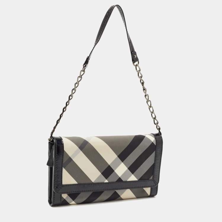 Pre Owned Burberry Black Beat Check Nylon and Patent Leather Flap Wallet on Chain