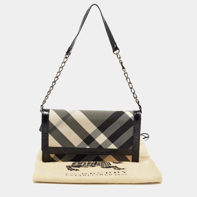 Pre Owned Burberry Black Beat Check Nylon and Patent Leather Flap Wallet on Chain