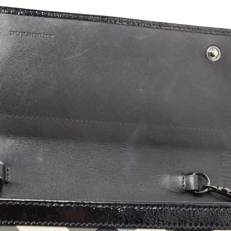 Pre Owned Burberry Black Beat Check Nylon and Patent Leather Flap Wallet on Chain
