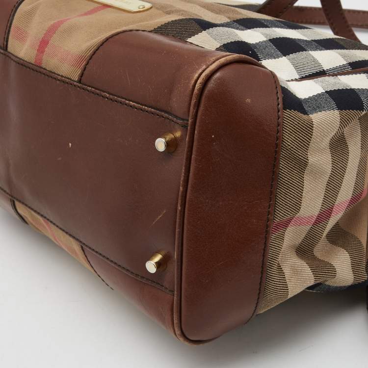 Pre Owned Burberry Beige/Brown Haymarket Check Canvas and Leather Small Canterbury Tote