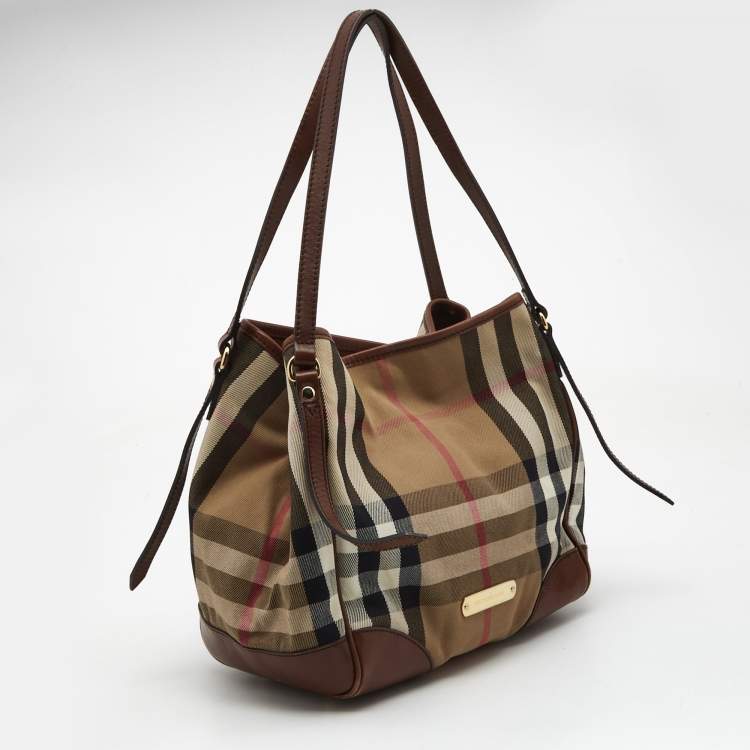 Pre Owned Burberry Beige/Brown Haymarket Check Canvas and Leather Small Canterbury Tote