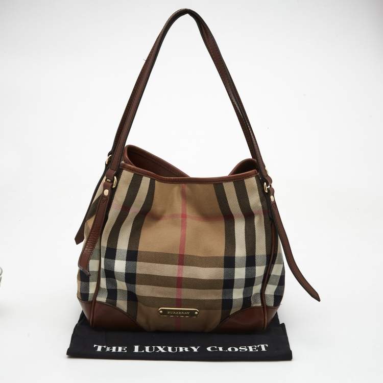 Pre Owned Burberry Beige/Brown Haymarket Check Canvas and Leather Small Canterbury Tote