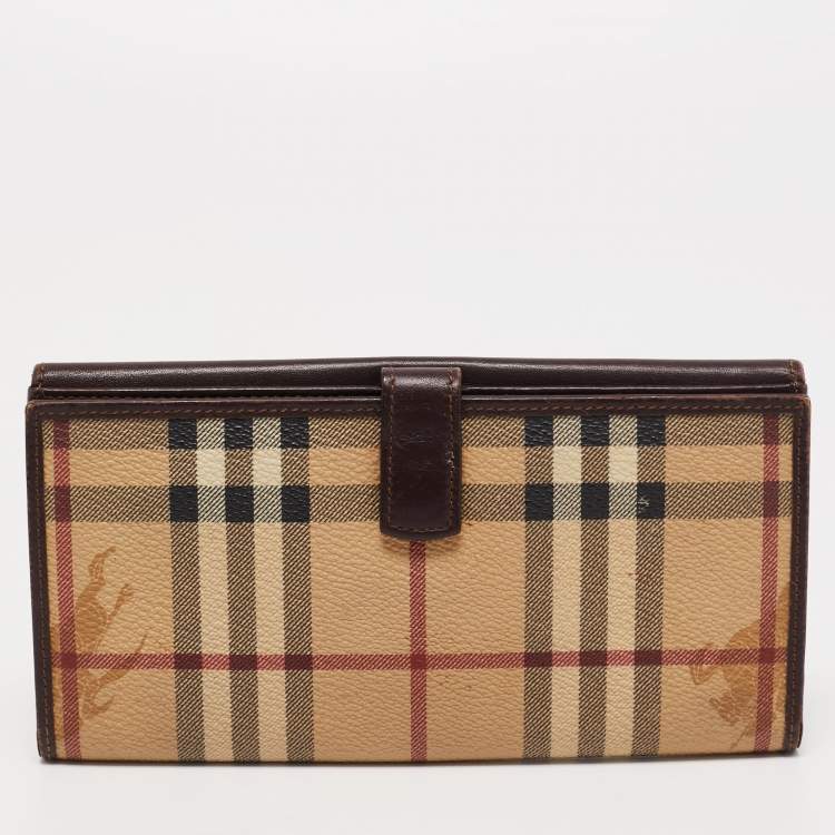 Pre Owned Burberry Brown/Beige Haymarket PVC and Leather Buckle Flap Continental Wallet