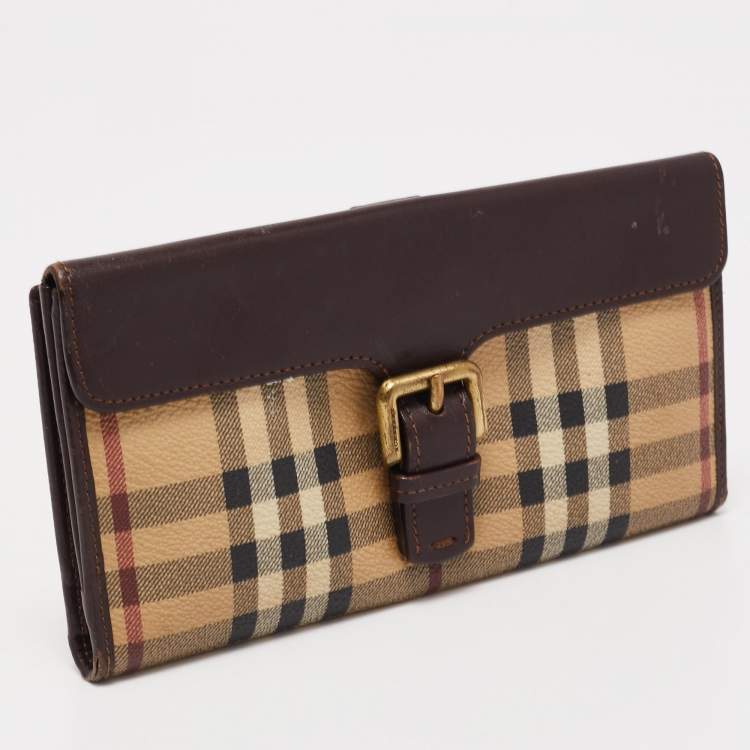 Pre Owned Burberry Brown/Beige Haymarket PVC and Leather Buckle Flap Continental Wallet