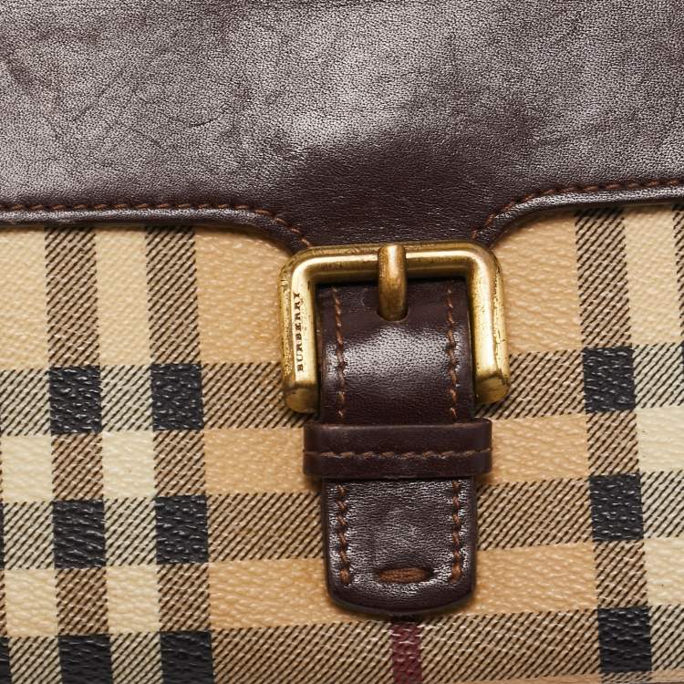 Pre Owned Burberry Brown/Beige Haymarket PVC and Leather Buckle Flap Continental Wallet