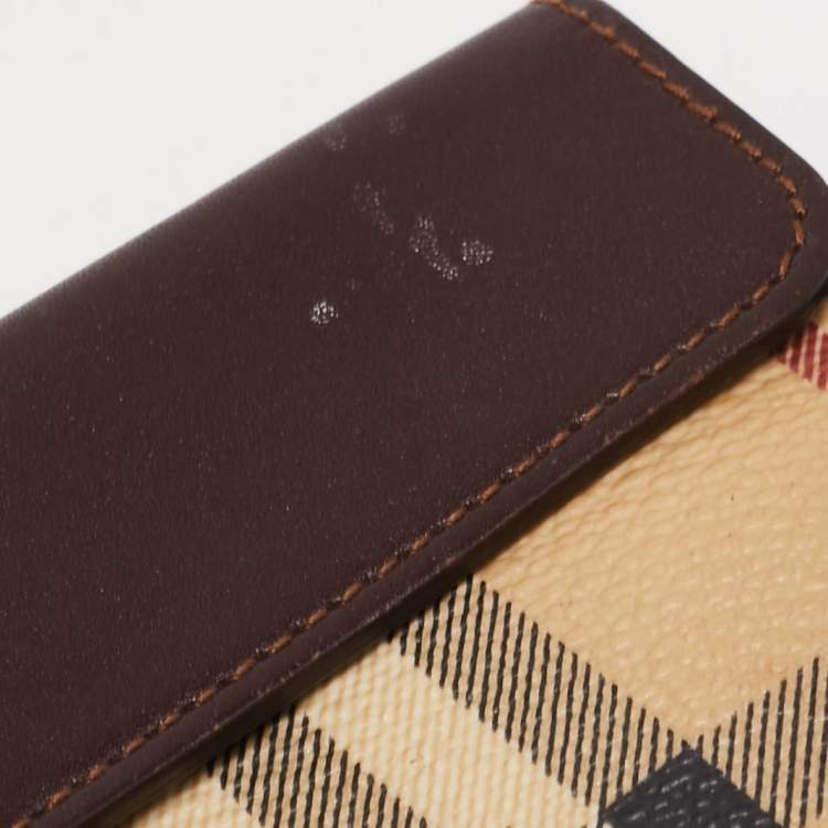 Pre Owned Burberry Brown/Beige Haymarket PVC and Leather Buckle Flap Continental Wallet