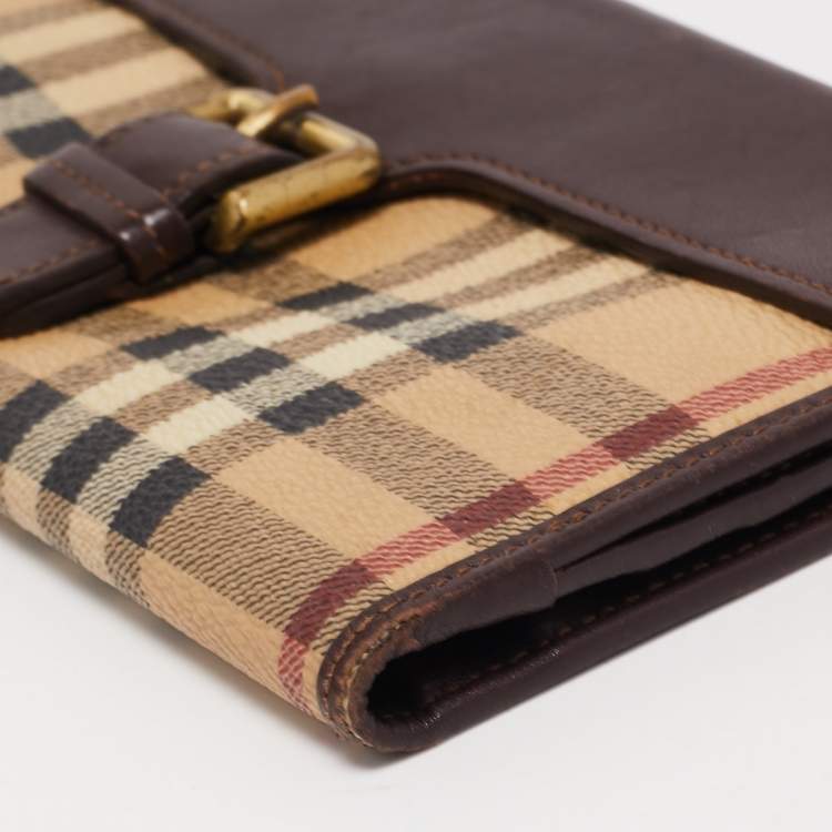 Pre Owned Burberry Brown/Beige Haymarket PVC and Leather Buckle Flap Continental Wallet