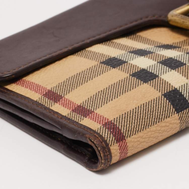 Pre Owned Burberry Brown/Beige Haymarket PVC and Leather Buckle Flap Continental Wallet