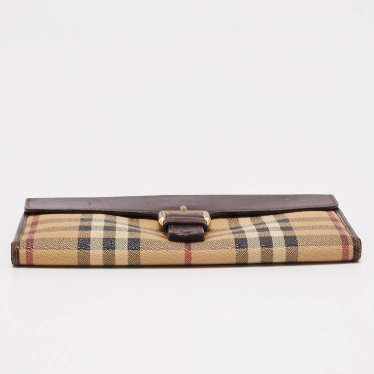 Pre Owned Burberry Brown/Beige Haymarket PVC and Leather Buckle Flap Continental Wallet