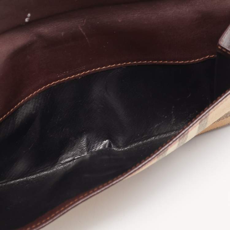 Pre Owned Burberry Brown/Beige Haymarket PVC and Leather Buckle Flap Continental Wallet