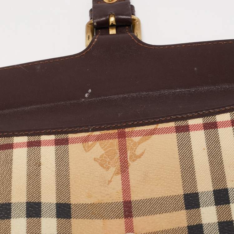 Pre Owned Burberry Brown/Beige Haymarket PVC and Leather Buckle Flap Continental Wallet