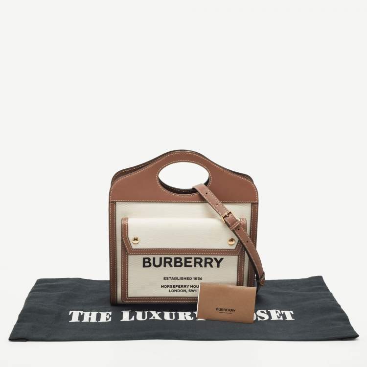 Pre Owned Burberry Brown/Cream Canvas and Leather Mini Pocket Tote