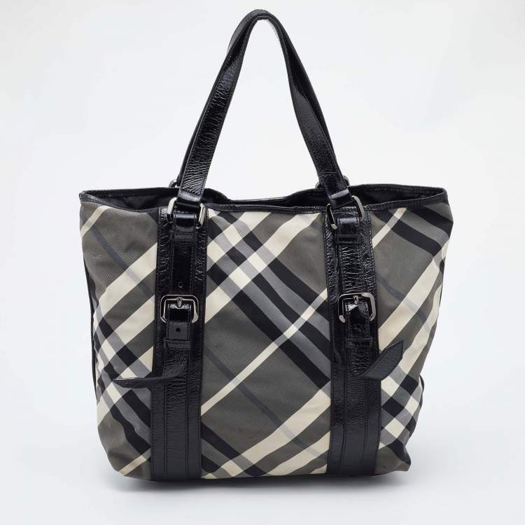 Pre Owned Burberry Black Beat Check Nylon and Patent Leather Lowry Tote